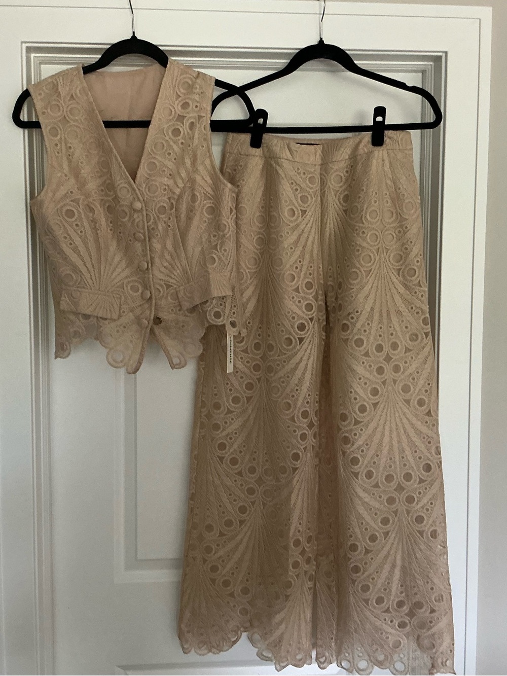 Commense Taupe Lace Pantsuit Set - Sleeveless Vest & Wide-Leg Trousers